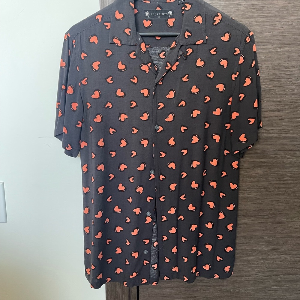 All Saints Black‎ and Red Heart Print Casual Button Down Shirt